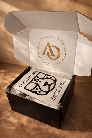 Luxury packaging box with gold foil branding and direct transfer raised stickers inside for premium unboxing experience