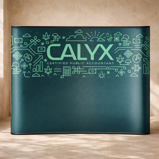 Custom trade show backdrop design for Calyx CPA featuring modern illustration, accounting icons, and professional branding