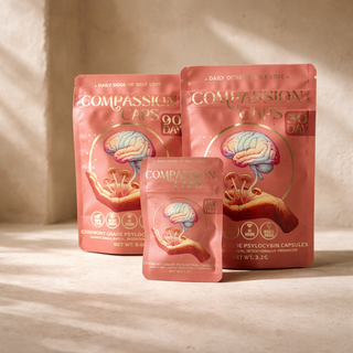 Custom supplement packaging design for Compassion Caps featuring mylar bags with illustrated brain and wellness branding