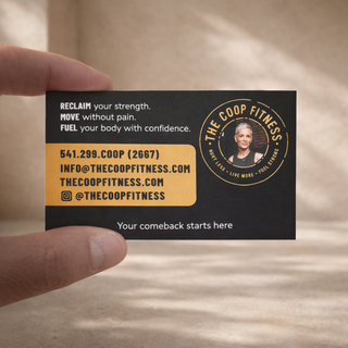 Custom fitness business card design for The Coop Fitness featuring bold typography and motivational branding for personal training