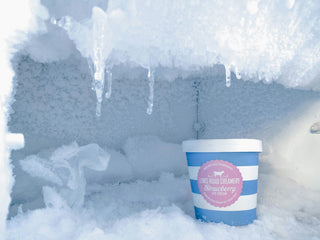 Ice cream container sitting in a frost-covered freezer, demonstrating freezer-safe food packaging and moisture-resistant frozen dessert packaging.
