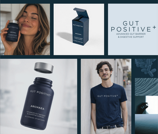 Custom supplement branding and packaging design for Gut Positive featuring minimalist bottle, box design, and lifestyle mockups