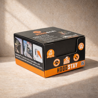 Custom product packaging design for HoodStay featuring branded retail box with icons, product features, and automotive branding