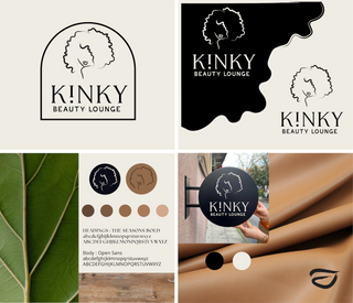 Custom beauty lounge brand identity for Kinky Beauty Lounge featuring logo design, color palette, typography, and storefront signage mockups