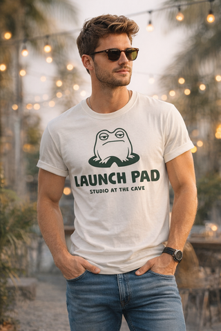 Launch Pad Studio logo on t-shirt featuring frog icon for commercial kitchen branding in Grants Pass Oregon