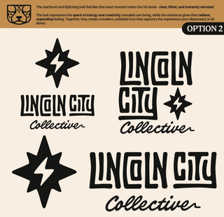 Logo concept variations and lockups for Lincoln City Collective featuring starburst icon and custom typography