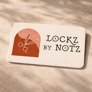 Hair stylist business card design for Lockz by Notz featuring custom logo, scissors icon, and modern typography on textured card