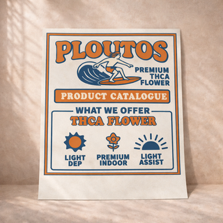 THCA product catalogue flyer design for Ploutos featuring retro surf branding and cannabis product categories on premium printed sheet