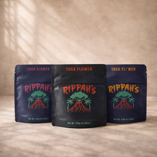 THCA mylar bag packaging design for Rippah’s featuring custom cannabis branding with volcano illustration on matte black pouch