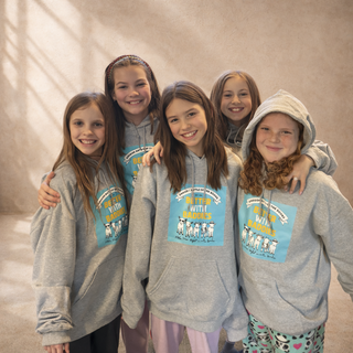 Custom school hoodie design featuring Better with Baddies book club graphic printed on gray sweatshirts worn by kids