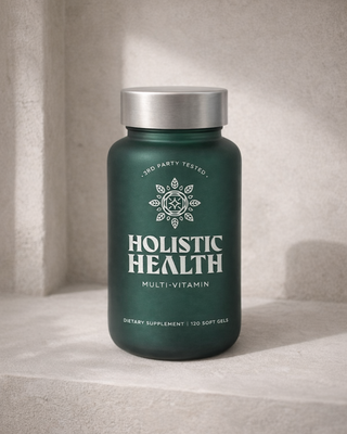 Custom one-color printed supplement glass jar with white Holistic Health branding on a frosted dark green bottle, silver cap, and minimalist luxury product photography backdrop.