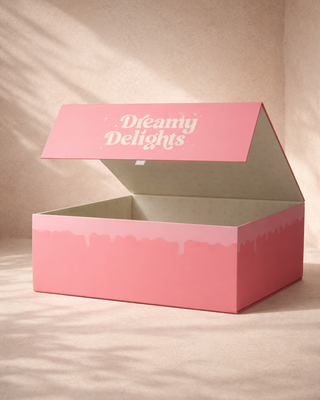 Custom magnetic rigid gift box packaging for Dreamy Delights confectionery brand luxury dessert packaging and premium retail product presentation.
