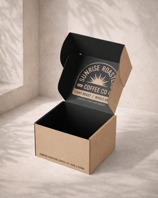Custom kraft front tuck mailer box for Sunrise Roasters Coffee Co premium custom printed coffee packaging, ecommerce shipping boxes, and sustainable kraft product packaging design.