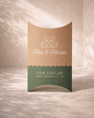 Custom kraft pillow box packaging for Fern & Farmer small breed dog collar premium pet product packaging, eco-friendly kraft retail boxes, and modern minimalist CPG packaging design.