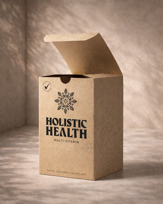 Open kraft paper supplement box for Holistic Health multivitamin natural kraft product packaging, dietary supplement box design, and premium CPG packaging presentation.